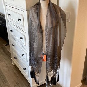 NWT Cejon floral soutache embroidery hand knotted fringe wrap scarf